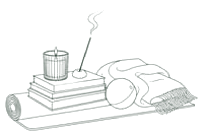 Ink drawing of books, a candle, Pilates props and blankets on a mat